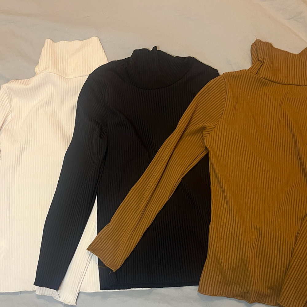 SHEIN Kids Ribbed Knit Turtleneck Tops Bundle Black White Brown 3 Pack